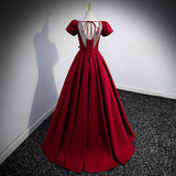 A line Red Short Sleeves Long Prom Dresses HZ1023