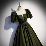 Ball Gown Puffy Sleeves Dark Green Long Prom Dresses HZ1023