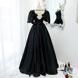 A line Short Sleeves V neckline Long Black Prom Dresses HZ1023