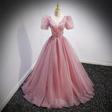 A Line Tulle Prom Dresses Short Sleeves Pink Prom Dress HZ1023