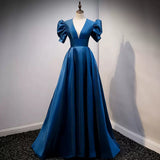 A line Short Sleeves Long Blue Prom Dresses HZ1023