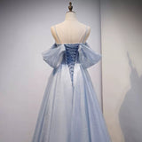 Cute A Line Off the Shoulder Dusty Blue Prom Dresses Sexy Evening Dress HZ1023