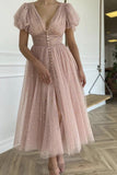 Shiny Sequins V Neck Pink Tea Length Prom Dress, V Neck Pink Homecoming Dress, Pink Formal Evening Dress HZ1023