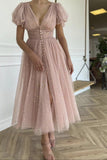 Pink v neck tulle short prom dress party dress HZ1023