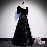 A line Short Sleeves Black Prom Dresses Sexy Evening Dress HZ1023