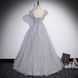 A Line Silver Gray Tulle Prom Dresses Long Prom Dress HZ1023