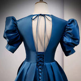 A line Short Sleeves Long Blue Prom Dresses HZ1023