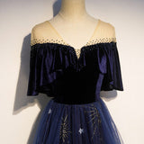 A line Navy Blue Velvet Prom Dresses Sexy Evening Dress HZ1023
