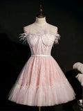 Pink Sweetheart Neck Tulle Lace Short Prom Dress Homecoming Dress HZ1023
