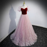 Princess Pink Short Sleeves Tulle Prom Dresses Sexy Evening Dress HZ1023