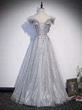A line Off the Shoulder Silver Sequin Long Prom Dresses HZ1023