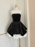 Cute A Line Strapless Velvet Black Holiday Dress Travel Vacation Dresses Short Birthday Dress HZ1023