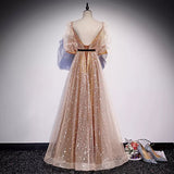 A line Short Sleeves Gold Prom Dresses Sexy Evening Dress HZ1023