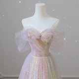 A line Sequin Pink Long Prom Dresses HZ1023