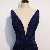 A line Navy Blue Sequin Prom Dresses Sexy Evening Dress HZ1023