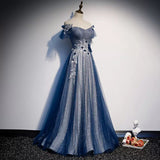 A line Off The Shoulder Tulle Blue Prom Dresses HZ1023