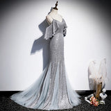 Mermaid Short Sleeves Silver Sequin Prom Dresses HZ1023