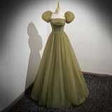 Simple A line Tulle Green Long Prom Dresses HZ1023