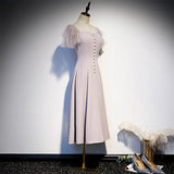 A line Short Sleeves Pink Prom Dresses Knee Length Bridesmaid Dress HZ1023