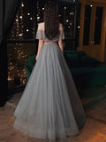 Beautiful Beaded Off Shoulder Tulle Prom Dress, A-line Grey Evening Dress Party Dress HZ1023