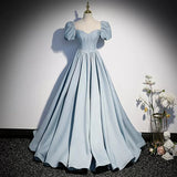 Simple A line Light Sky Blue Satin Long Prom Dresses HZ1023