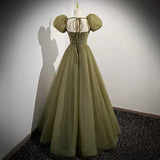Simple A line Tulle Green Long Prom Dresses HZ1023
