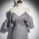 Mermaid Short Sleeves Silver Sequin Prom Dresses HZ1023