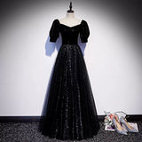 A line Short Sleeves Black Prom Dresses Sexy Evening Dress HZ1023