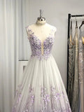 A-Line/Princess V-neck Tulle Applique Sleeveless Floor-Length Prom Dresses HZ1023