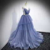 A Line Tulle Prom Dresses Straps Blue Evening Dress HZ1023