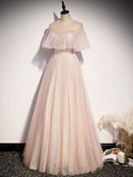 A line Short Sleeves Tulle Pink Prom Dresses HZ1023