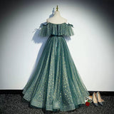 A line Off the Shoulder Green Tulle Prom Dresses HZ1023