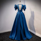 A line Short Sleeves Long Blue Prom Dresses HZ1023