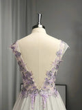 A-Line/Princess V-neck Tulle Applique Sleeveless Floor-Length Prom Dresses HZ1023