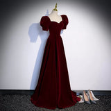 A line Short Sleeves Burgundy Velvet Long Prom Dresses HZ1023