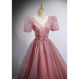 A Line Tulle Prom Dresses Short Sleeves Pink Prom Dress HZ1023