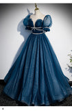 Princess Tulle Blue Short Sleeves Long Prom Dresses HZ1023