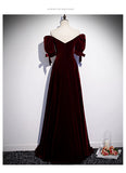 Princess Velvet Short Sleeves Long Red Prom Dresses HZ1023