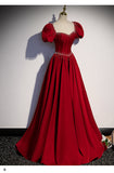 Princess Satin Short Sleeves Long Red Prom Dresses HZ1023