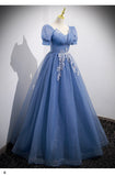 Ball Gown Short Sleeves Long Tulle Blue Prom Dresses HZ1023