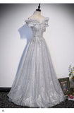 A line Off the Shoulder Silver Sequin Long Prom Dresses HZ1023