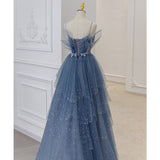 A line Tulle Dusty Blue Long Prom Dresses HZ1023