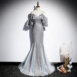 Mermaid Short Sleeves Silver Sequin Prom Dresses HZ1023