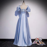A line Short Sleeves Light Sky Blue Prom Dresses HZ1023