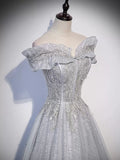 A line Off the Shoulder Silver Sequin Long Prom Dresses HZ1023