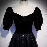 A line Short Sleeves Black Prom Dresses Sexy Evening Dress HZ1023