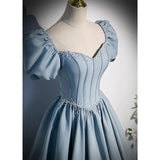 Simple A line Light Sky Blue Satin Long Prom Dresses HZ1023