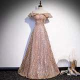 A line Off the Shoulder Pink Sequin Long Prom Dresses HZ1023