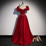 Princess Satin Short Sleeves Long Red Prom Dresses HZ1023