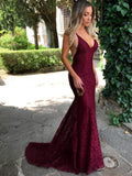 Mermaid Dark Green Prom Dress, Lace Long Prom Dresses, Spaghetti Straps Backless Prom Dress HZ1023